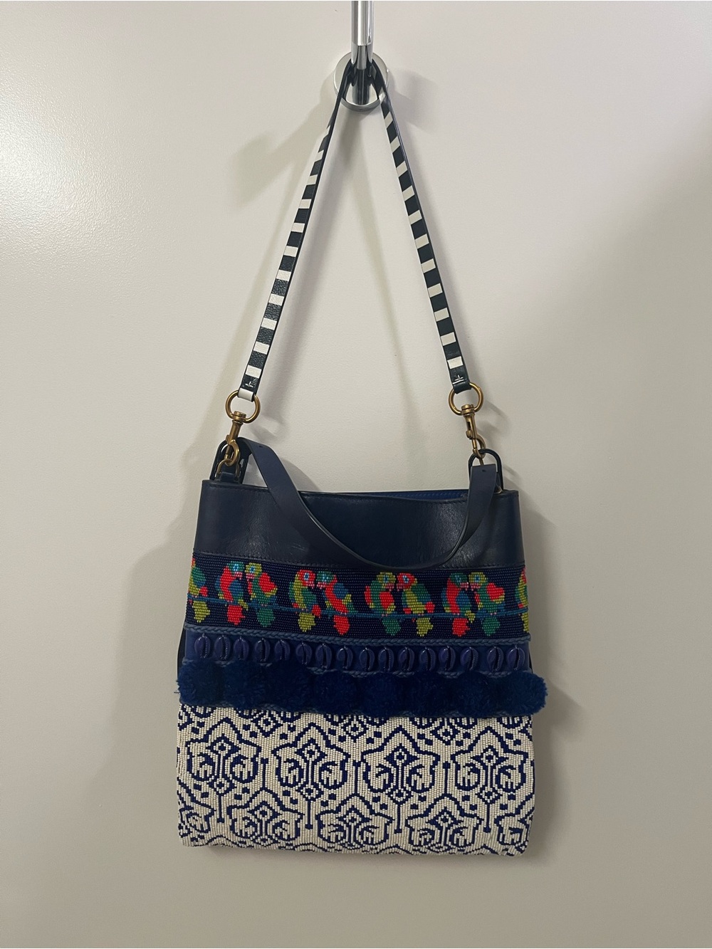 Tory Burch Statement Beaded Parrot Cowrie Shell Pompom Hobo Bag (limited edition
